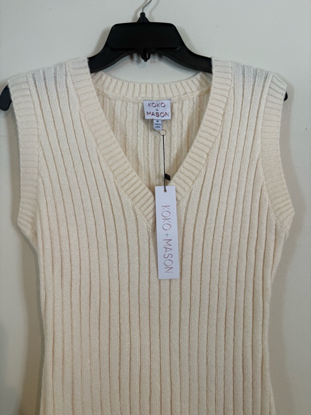 NWT Koko + Mason Cream Ribbed V-Neck Midi Sleeveless Sweater Dress - Picture 3 of 7